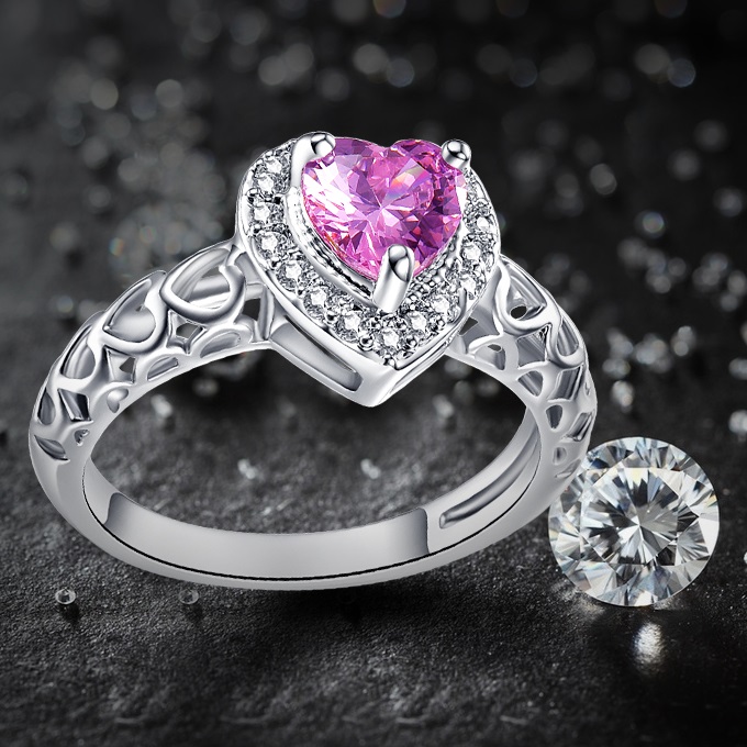 Anello Cuore di Cristallo - Rosa / 55mm